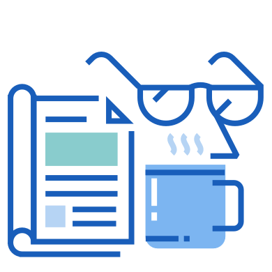 Conceptual icon of a newspaper, coffee cup and human face.
