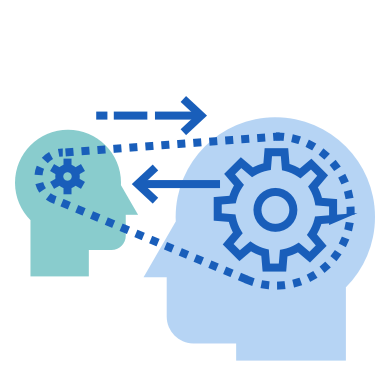 Conceptual icon two human minds (represented as gears) working together with a chain and sprockets connecting them.